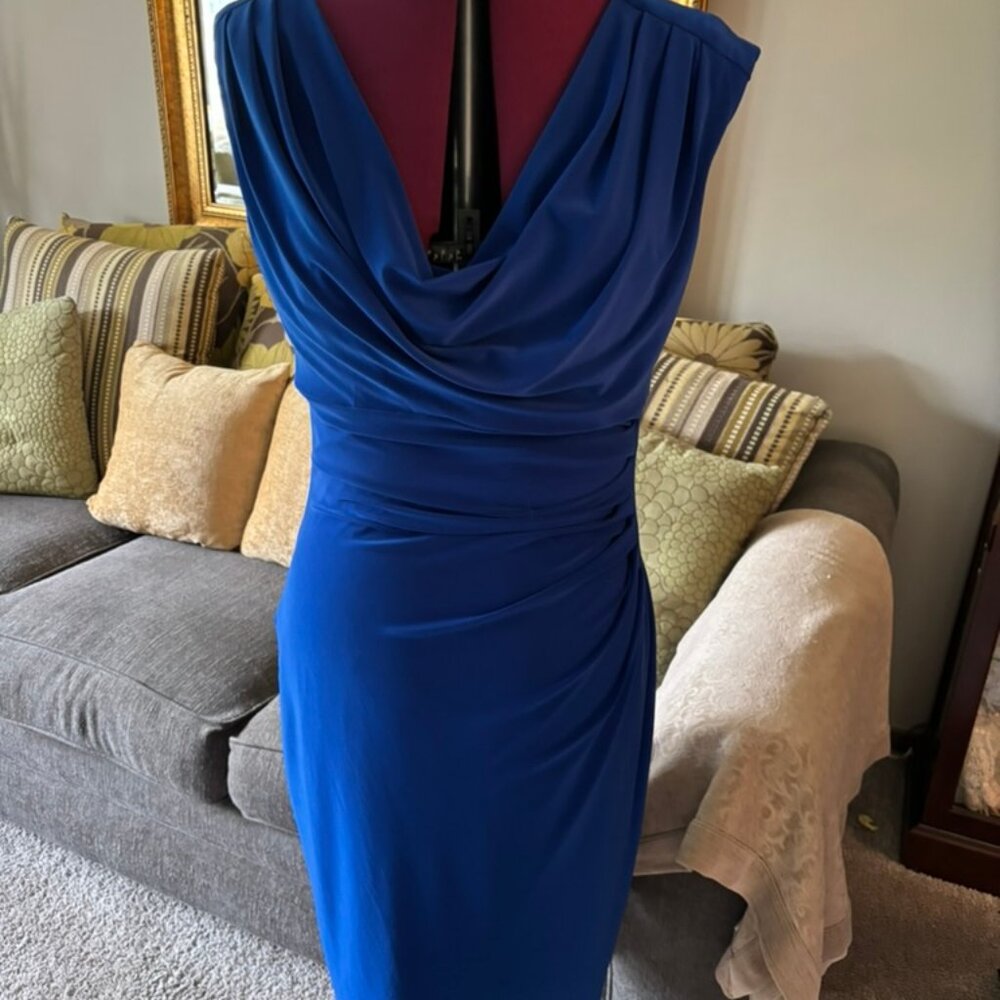 Lauren Ralph BLUE Sleeveless Drape Neck Sheath Dress SZ 14 Cocktail Evening Wed